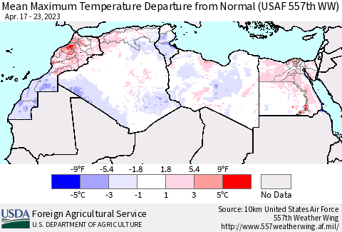 North Africa Mean Maximum Temperature Departure from Normal (USAF 557th WW) Thematic Map For 4/17/2023 - 4/23/2023