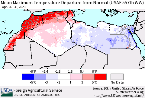 North Africa Mean Maximum Temperature Departure from Normal (USAF 557th WW) Thematic Map For 4/24/2023 - 4/30/2023