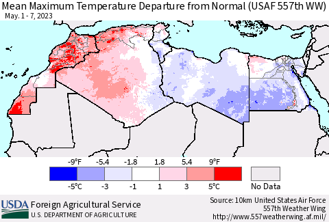 North Africa Mean Maximum Temperature Departure from Normal (USAF 557th WW) Thematic Map For 5/1/2023 - 5/7/2023