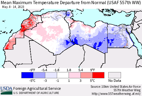 North Africa Mean Maximum Temperature Departure from Normal (USAF 557th WW) Thematic Map For 5/8/2023 - 5/14/2023