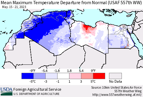 North Africa Mean Maximum Temperature Departure from Normal (USAF 557th WW) Thematic Map For 5/15/2023 - 5/21/2023