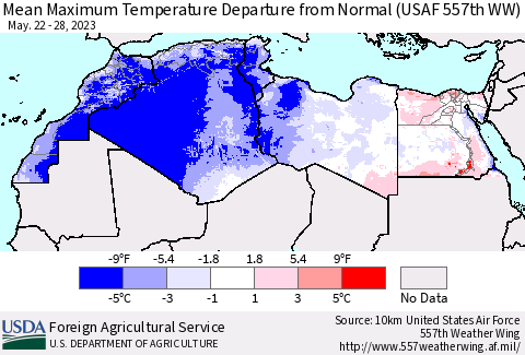 North Africa Mean Maximum Temperature Departure from Normal (USAF 557th WW) Thematic Map For 5/22/2023 - 5/28/2023