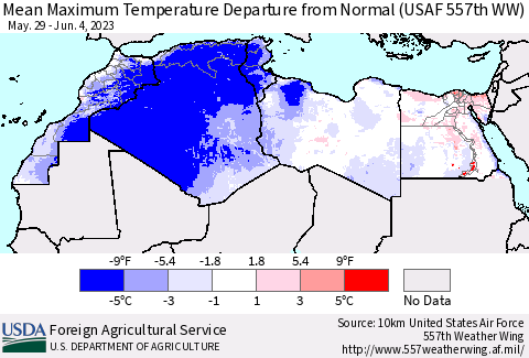 North Africa Mean Maximum Temperature Departure from Normal (USAF 557th WW) Thematic Map For 5/29/2023 - 6/4/2023