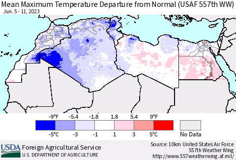 North Africa Mean Maximum Temperature Departure from Normal (USAF 557th WW) Thematic Map For 6/5/2023 - 6/11/2023