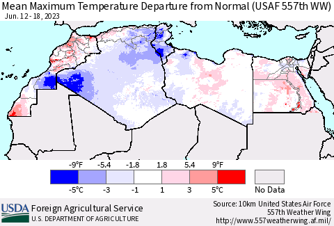 North Africa Mean Maximum Temperature Departure from Normal (USAF 557th WW) Thematic Map For 6/12/2023 - 6/18/2023