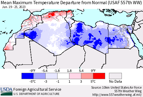North Africa Mean Maximum Temperature Departure from Normal (USAF 557th WW) Thematic Map For 6/19/2023 - 6/25/2023