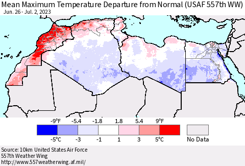 North Africa Mean Maximum Temperature Departure from Normal (USAF 557th WW) Thematic Map For 6/26/2023 - 7/2/2023
