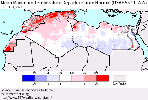North Africa Mean Maximum Temperature Departure from Normal (USAF 557th WW) Thematic Map For 7/3/2023 - 7/9/2023