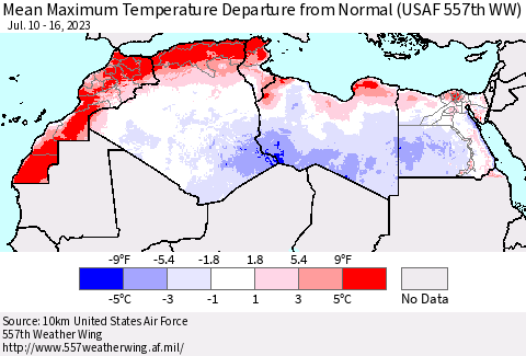 North Africa Mean Maximum Temperature Departure from Normal (USAF 557th WW) Thematic Map For 7/10/2023 - 7/16/2023