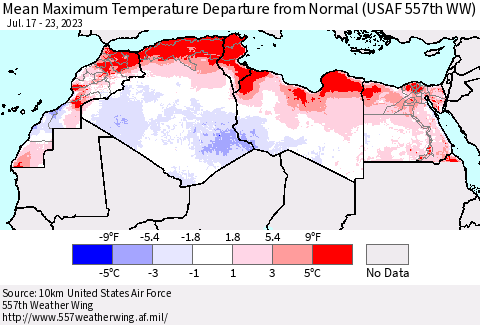 North Africa Mean Maximum Temperature Departure from Normal (USAF 557th WW) Thematic Map For 7/17/2023 - 7/23/2023