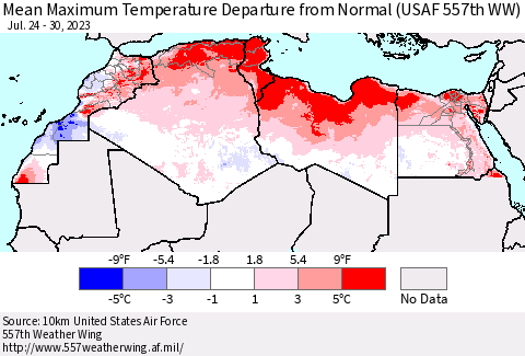 North Africa Mean Maximum Temperature Departure from Normal (USAF 557th WW) Thematic Map For 7/24/2023 - 7/30/2023