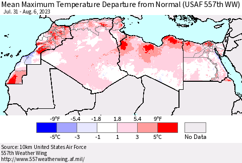 North Africa Mean Maximum Temperature Departure from Normal (USAF 557th WW) Thematic Map For 7/31/2023 - 8/6/2023
