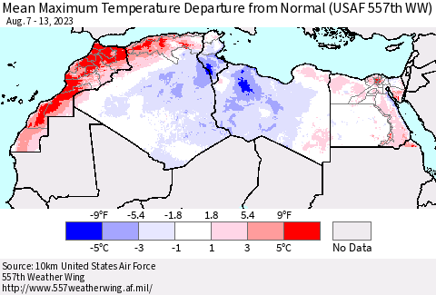North Africa Mean Maximum Temperature Departure from Normal (USAF 557th WW) Thematic Map For 8/7/2023 - 8/13/2023