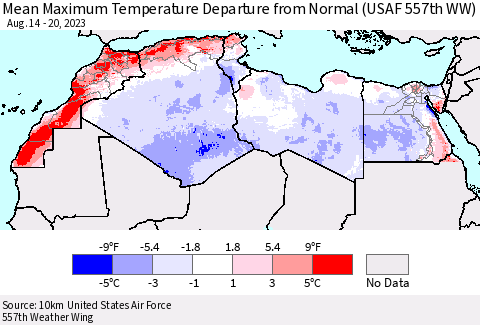 North Africa Mean Maximum Temperature Departure from Normal (USAF 557th WW) Thematic Map For 8/14/2023 - 8/20/2023