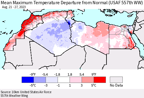 North Africa Mean Maximum Temperature Departure from Normal (USAF 557th WW) Thematic Map For 8/21/2023 - 8/27/2023