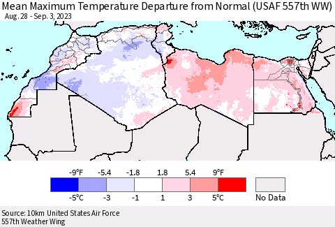 North Africa Mean Maximum Temperature Departure from Normal (USAF 557th WW) Thematic Map For 8/28/2023 - 9/3/2023