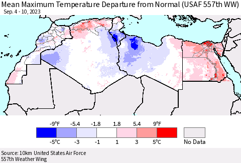North Africa Mean Maximum Temperature Departure from Normal (USAF 557th WW) Thematic Map For 9/4/2023 - 9/10/2023
