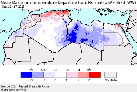 North Africa Mean Maximum Temperature Departure from Normal (USAF 557th WW) Thematic Map For 9/11/2023 - 9/17/2023