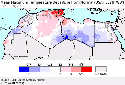 North Africa Mean Maximum Temperature Departure from Normal (USAF 557th WW) Thematic Map For 9/18/2023 - 9/24/2023