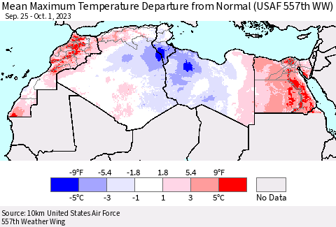 North Africa Mean Maximum Temperature Departure from Normal (USAF 557th WW) Thematic Map For 9/25/2023 - 10/1/2023