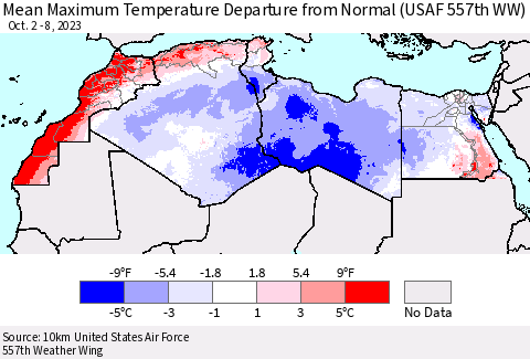 North Africa Mean Maximum Temperature Departure from Normal (USAF 557th WW) Thematic Map For 10/2/2023 - 10/8/2023