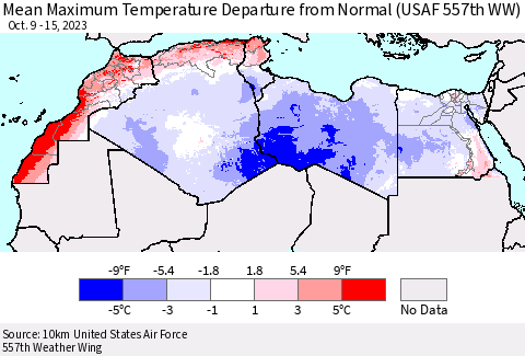 North Africa Mean Maximum Temperature Departure from Normal (USAF 557th WW) Thematic Map For 10/9/2023 - 10/15/2023