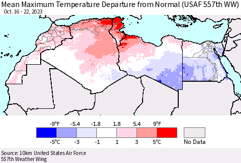 North Africa Mean Maximum Temperature Departure from Normal (USAF 557th WW) Thematic Map For 10/16/2023 - 10/22/2023