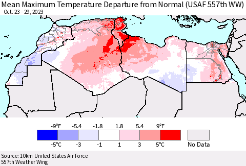 North Africa Mean Maximum Temperature Departure from Normal (USAF 557th WW) Thematic Map For 10/23/2023 - 10/29/2023
