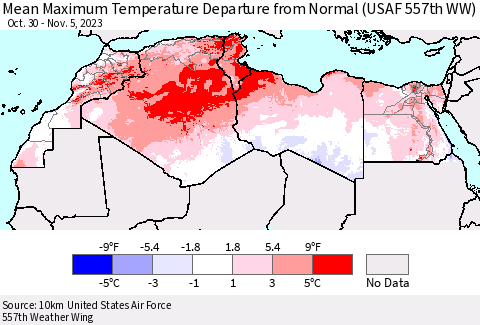 North Africa Mean Maximum Temperature Departure from Normal (USAF 557th WW) Thematic Map For 10/30/2023 - 11/5/2023