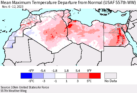 North Africa Mean Maximum Temperature Departure from Normal (USAF 557th WW) Thematic Map For 11/6/2023 - 11/12/2023