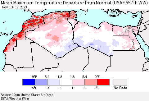 North Africa Mean Maximum Temperature Departure from Normal (USAF 557th WW) Thematic Map For 11/13/2023 - 11/19/2023