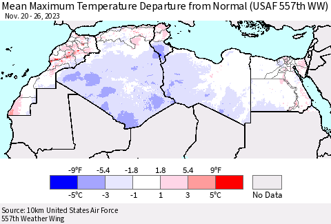 North Africa Mean Maximum Temperature Departure from Normal (USAF 557th WW) Thematic Map For 11/20/2023 - 11/26/2023