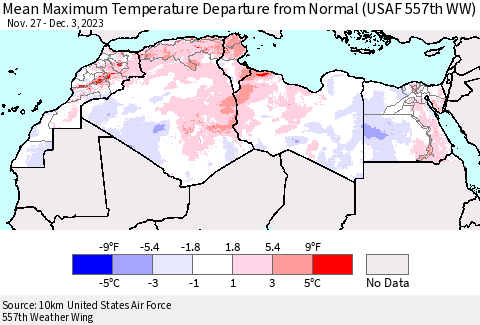 North Africa Mean Maximum Temperature Departure from Normal (USAF 557th WW) Thematic Map For 11/27/2023 - 12/3/2023