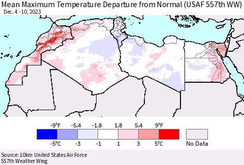 North Africa Mean Maximum Temperature Departure from Normal (USAF 557th WW) Thematic Map For 12/4/2023 - 12/10/2023
