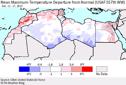 North Africa Mean Maximum Temperature Departure from Normal (USAF 557th WW) Thematic Map For 12/11/2023 - 12/17/2023