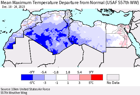 North Africa Mean Maximum Temperature Departure from Normal (USAF 557th WW) Thematic Map For 12/18/2023 - 12/24/2023