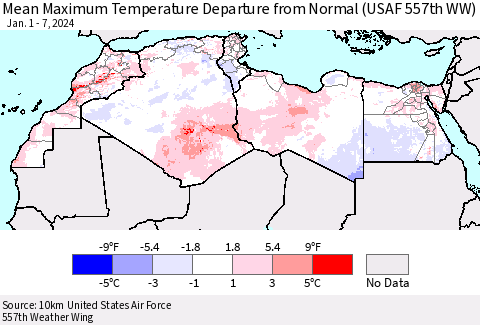 North Africa Mean Maximum Temperature Departure from Normal (USAF 557th WW) Thematic Map For 1/1/2024 - 1/7/2024