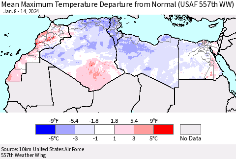 North Africa Mean Maximum Temperature Departure from Normal (USAF 557th WW) Thematic Map For 1/8/2024 - 1/14/2024