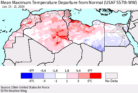 North Africa Mean Maximum Temperature Departure from Normal (USAF 557th WW) Thematic Map For 1/15/2024 - 1/21/2024