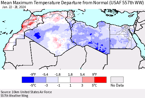 North Africa Mean Maximum Temperature Departure from Normal (USAF 557th WW) Thematic Map For 1/22/2024 - 1/28/2024