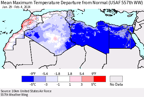 North Africa Mean Maximum Temperature Departure from Normal (USAF 557th WW) Thematic Map For 1/29/2024 - 2/4/2024