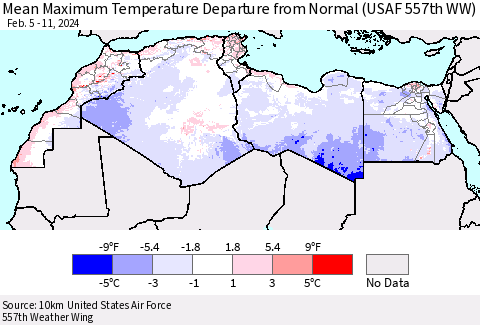 North Africa Mean Maximum Temperature Departure from Normal (USAF 557th WW) Thematic Map For 2/5/2024 - 2/11/2024