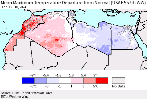 North Africa Mean Maximum Temperature Departure from Normal (USAF 557th WW) Thematic Map For 2/12/2024 - 2/18/2024