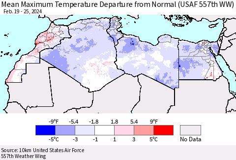 North Africa Mean Maximum Temperature Departure from Normal (USAF 557th WW) Thematic Map For 2/19/2024 - 2/25/2024