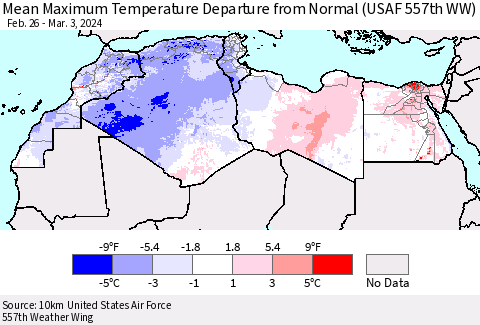 North Africa Mean Maximum Temperature Departure from Normal (USAF 557th WW) Thematic Map For 2/26/2024 - 3/3/2024