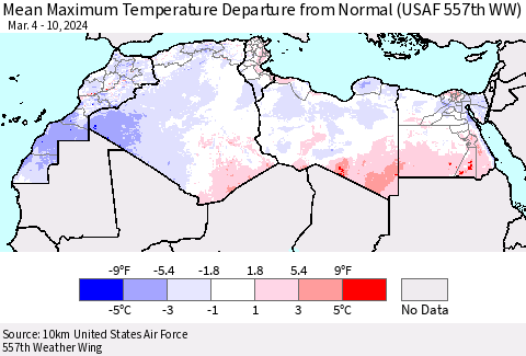 North Africa Mean Maximum Temperature Departure from Normal (USAF 557th WW) Thematic Map For 3/4/2024 - 3/10/2024