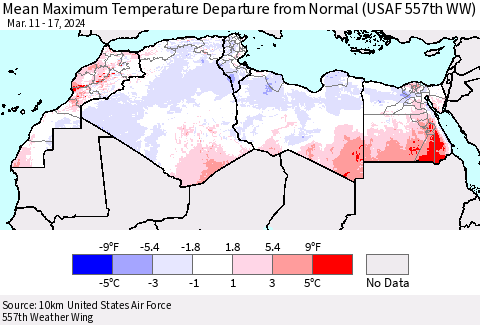 North Africa Mean Maximum Temperature Departure from Normal (USAF 557th WW) Thematic Map For 3/11/2024 - 3/17/2024