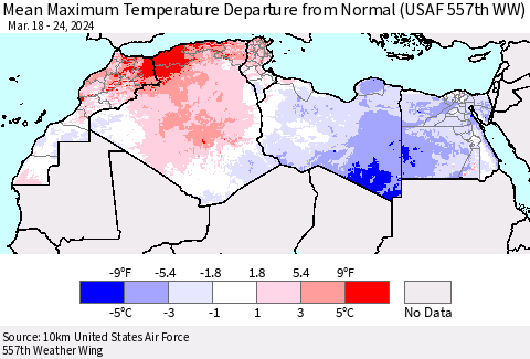 North Africa Mean Maximum Temperature Departure from Normal (USAF 557th WW) Thematic Map For 3/18/2024 - 3/24/2024