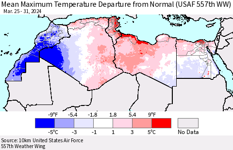 North Africa Mean Maximum Temperature Departure from Normal (USAF 557th WW) Thematic Map For 3/25/2024 - 3/31/2024