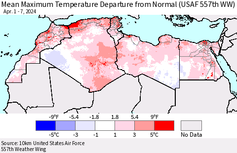 North Africa Mean Maximum Temperature Departure from Normal (USAF 557th WW) Thematic Map For 4/1/2024 - 4/7/2024